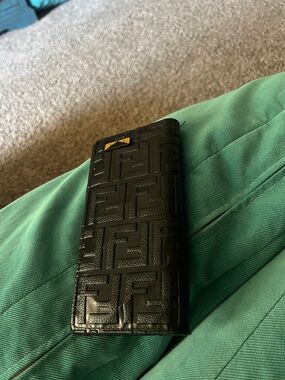 Fendi Black Textured Leather Card Holder with Gold Logo